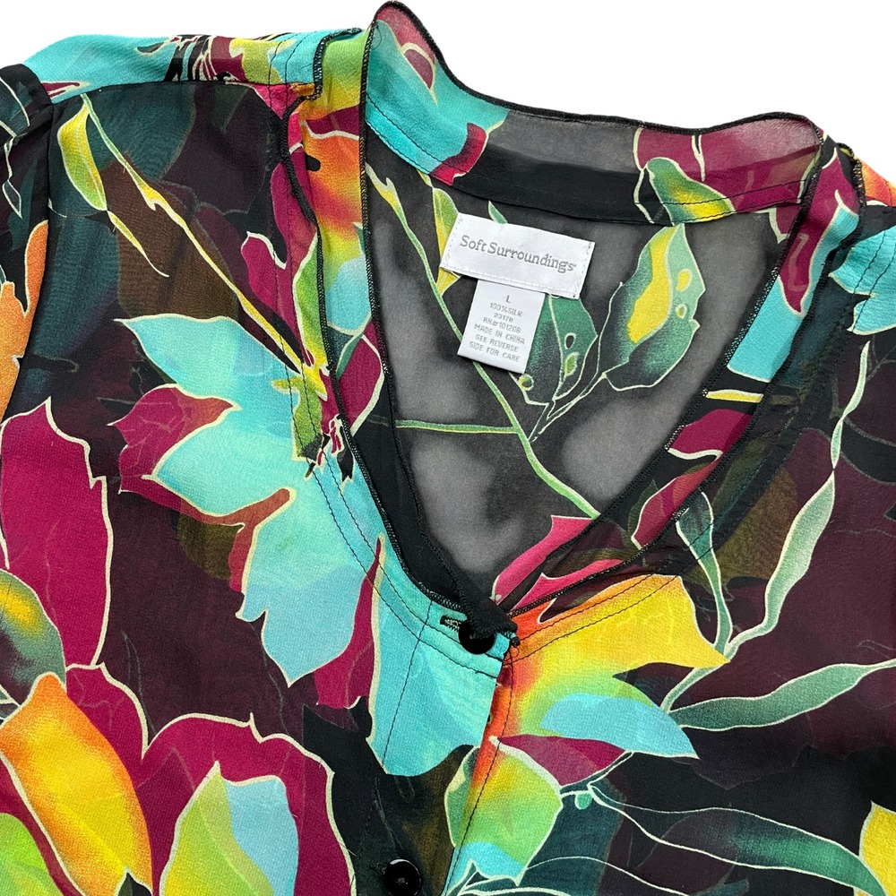 Soft Surroundings Large Semi Sheer Floral Tropical 3/4 Sleeve 100% Silk Blouse - Picture 2 of 4